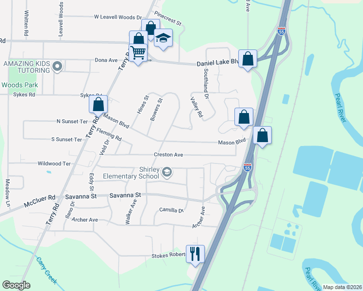 map of restaurants, bars, coffee shops, grocery stores, and more near 327 Mason Boulevard in Jackson