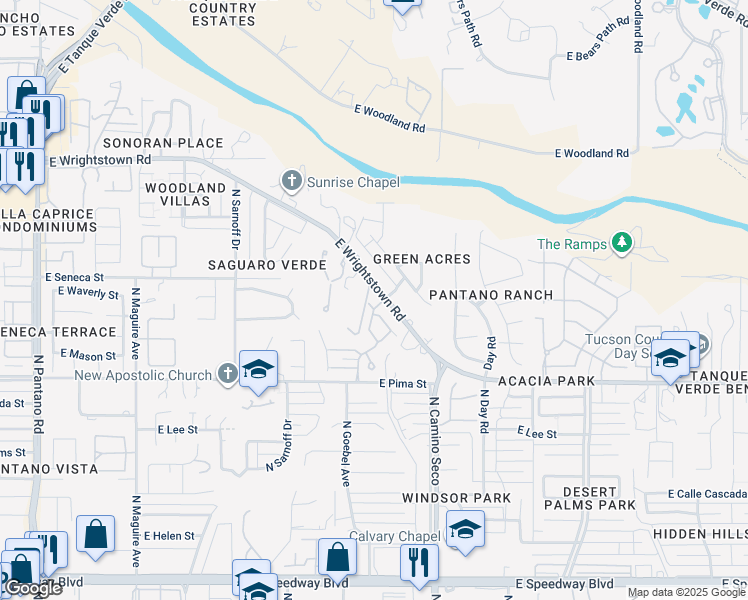 map of restaurants, bars, coffee shops, grocery stores, and more near 8580 East Pembrook Drive in Tucson
