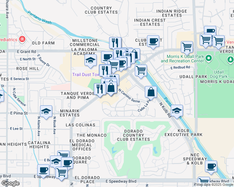 map of restaurants, bars, coffee shops, grocery stores, and more near 6560 East Tanque Verde Road in Tucson