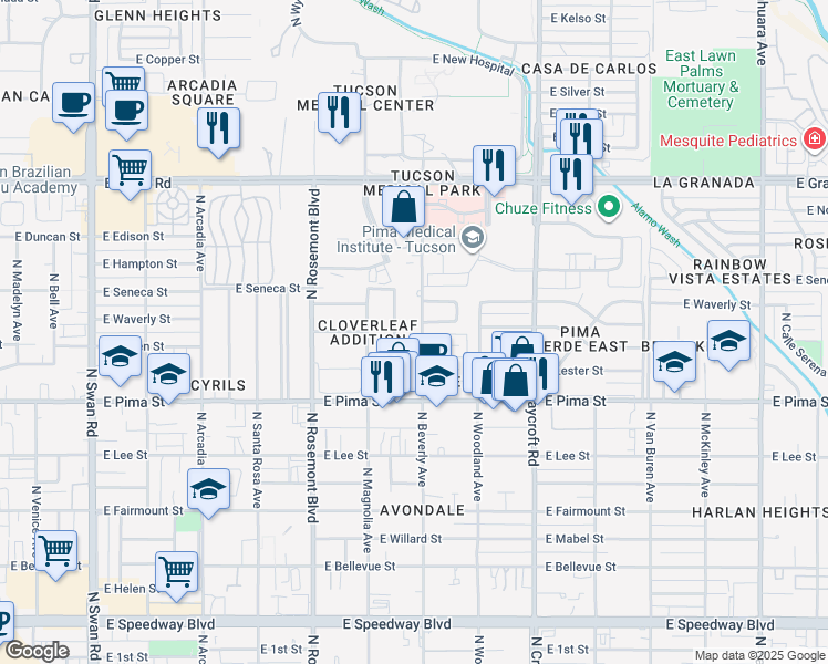 map of restaurants, bars, coffee shops, grocery stores, and more near 1913 North Beverly Avenue in Tucson