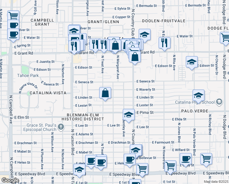 map of restaurants, bars, coffee shops, grocery stores, and more near 2902 East Waverly Street in Tucson