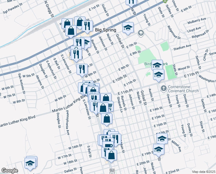 map of restaurants, bars, coffee shops, grocery stores, and more near 1012-1014 Runnels Street in Big Spring