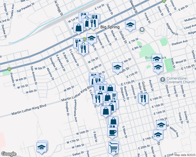 map of restaurants, bars, coffee shops, grocery stores, and more near 902 Scurry Street in Big Spring