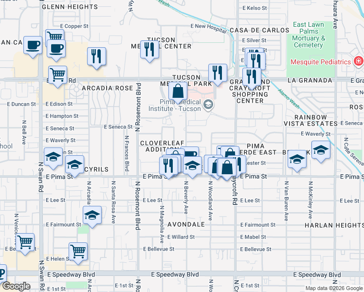 map of restaurants, bars, coffee shops, grocery stores, and more near 1913 North Beverly Avenue in Tucson