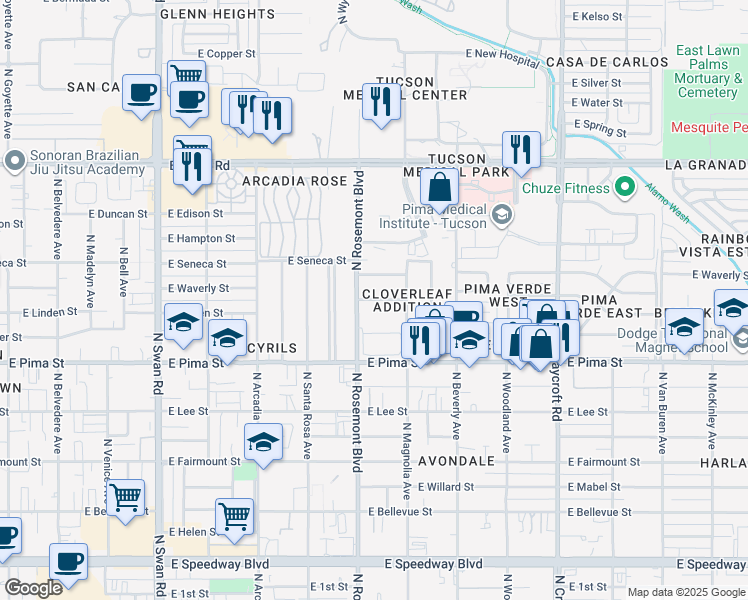 map of restaurants, bars, coffee shops, grocery stores, and more near 5134 East Citrus Street in Tucson