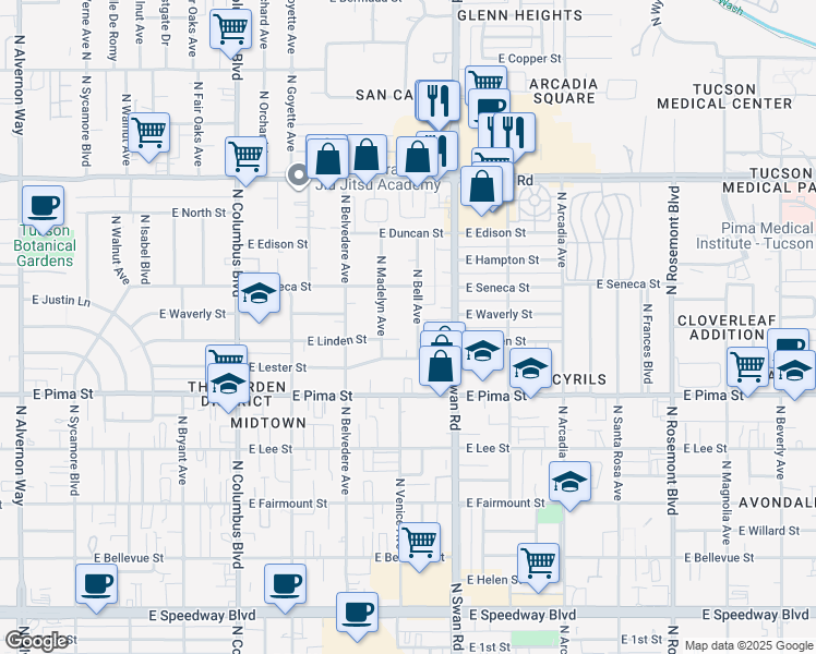 map of restaurants, bars, coffee shops, grocery stores, and more near 4565 East Linden Street in Tucson