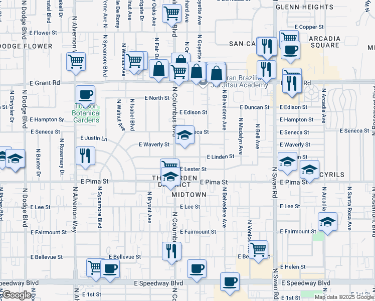 map of restaurants, bars, coffee shops, grocery stores, and more near 4311 East Linden Street in Tucson