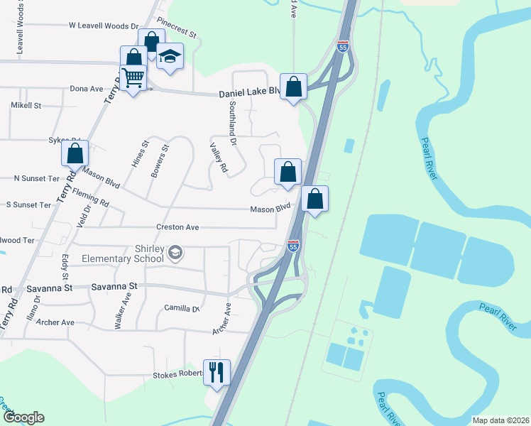 map of restaurants, bars, coffee shops, grocery stores, and more near 451 Mason Boulevard in Jackson