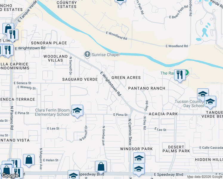 map of restaurants, bars, coffee shops, grocery stores, and more near 8580 East Pembrook Drive in Tucson