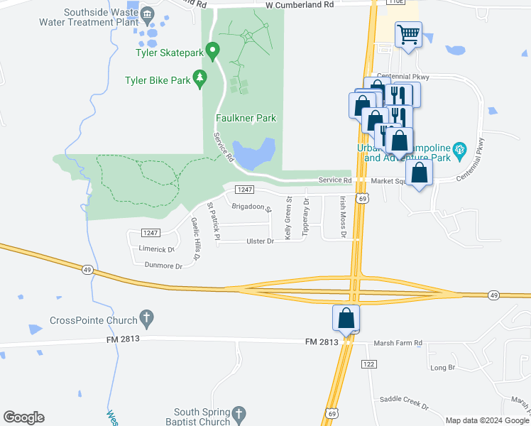 map of restaurants, bars, coffee shops, grocery stores, and more near 400 Brigadoon Street in Tyler