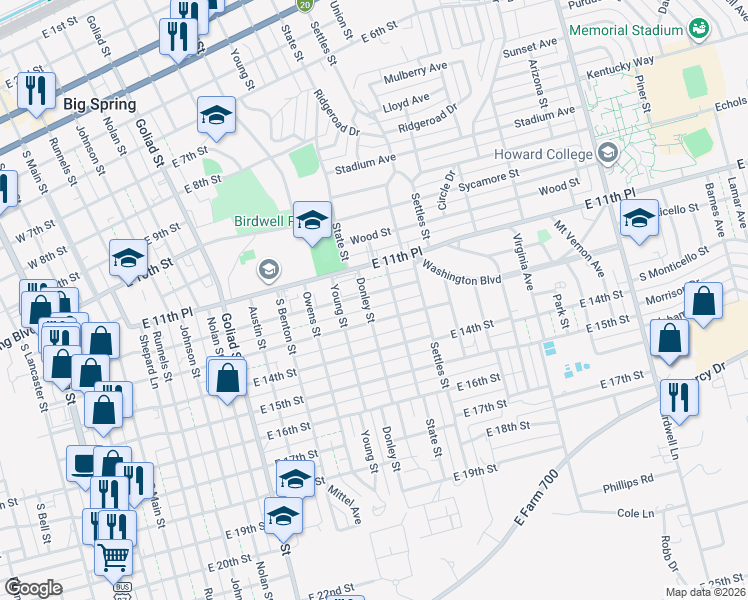 map of restaurants, bars, coffee shops, grocery stores, and more near 1002 East 12th Street in Big Spring