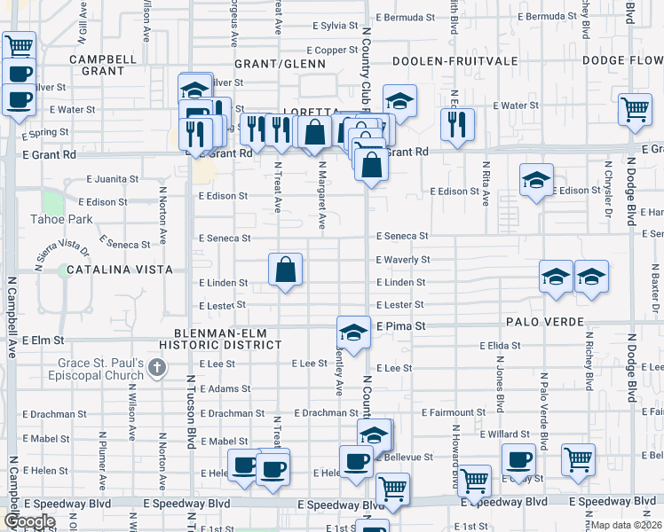 map of restaurants, bars, coffee shops, grocery stores, and more near 2922 East Waverly Street in Tucson