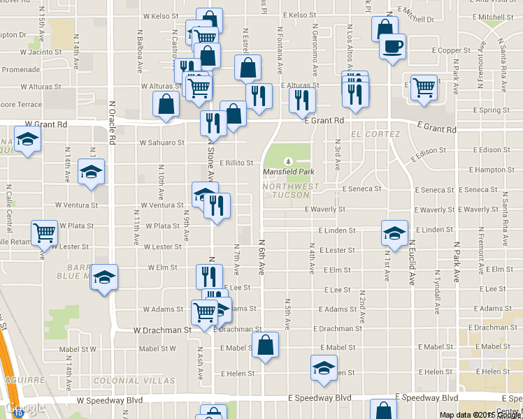 map of restaurants, bars, coffee shops, grocery stores, and more near E Waverly St & N 6th Ave in Tucson
