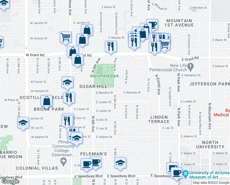 map of restaurants, bars, coffee shops, grocery stores, and more near E Waverly St & N 4th Ave in Tucson