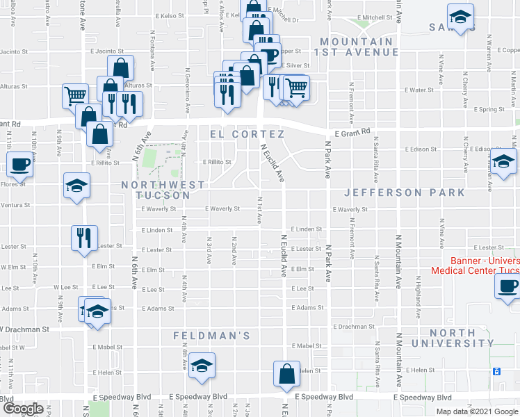 map of restaurants, bars, coffee shops, grocery stores, and more near N 1st Ave & E Waverly St in Tucson