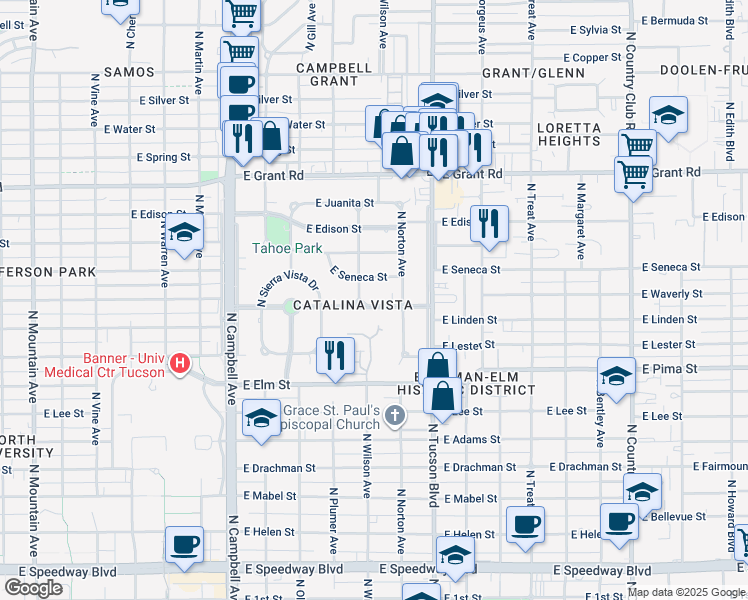 map of restaurants, bars, coffee shops, grocery stores, and more near 2315 East Waverly Street in Tucson