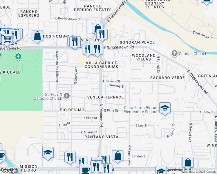 map of restaurants, bars, coffee shops, grocery stores, and more near 7915 East Maggie Court in Tucson