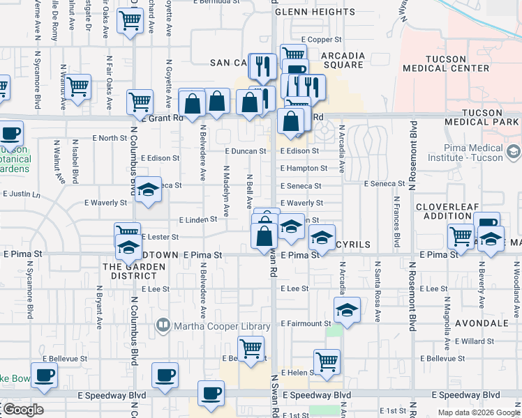 map of restaurants, bars, coffee shops, grocery stores, and more near 1949 North Swan Road in Tucson