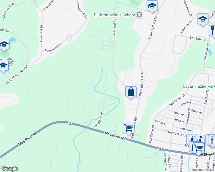map of restaurants, bars, coffee shops, grocery stores, and more near 102 Haigler Boulevard in Bluffton