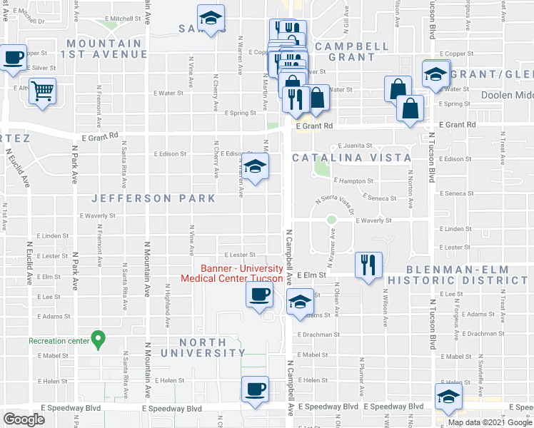map of restaurants, bars, coffee shops, grocery stores, and more near East Waverly Street & North Martin Avenue in Tucson