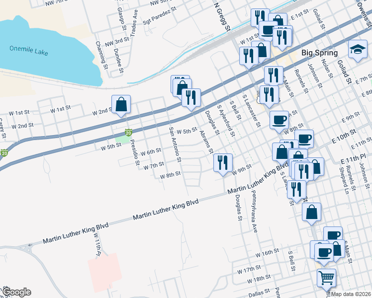map of restaurants, bars, coffee shops, grocery stores, and more near 810-898 West 7th Street in Big Spring