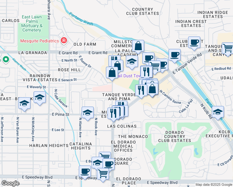 map of restaurants, bars, coffee shops, grocery stores, and more near 6363 North Wilmot Road in Tucson