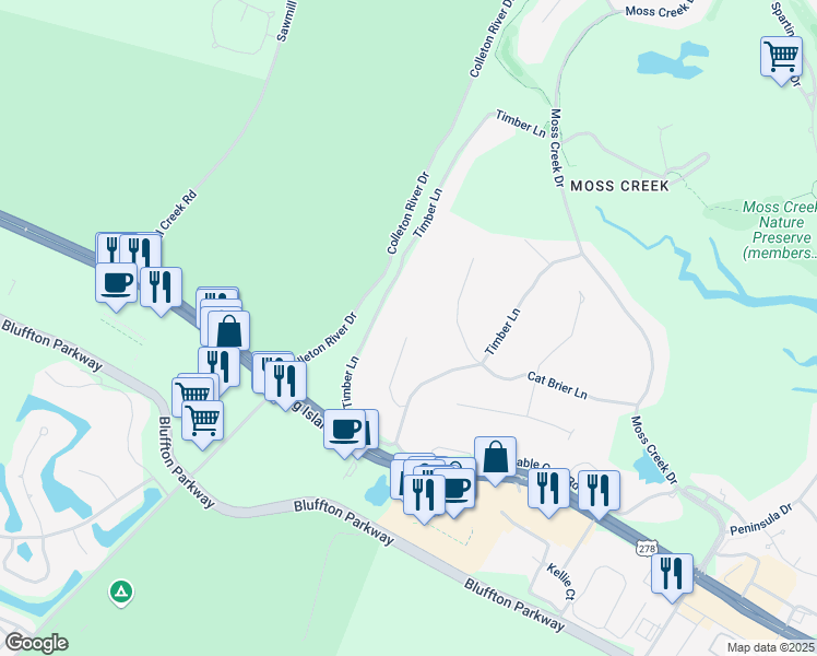 map of restaurants, bars, coffee shops, grocery stores, and more near 17 Button Bush Lane in Hilton Head Island
