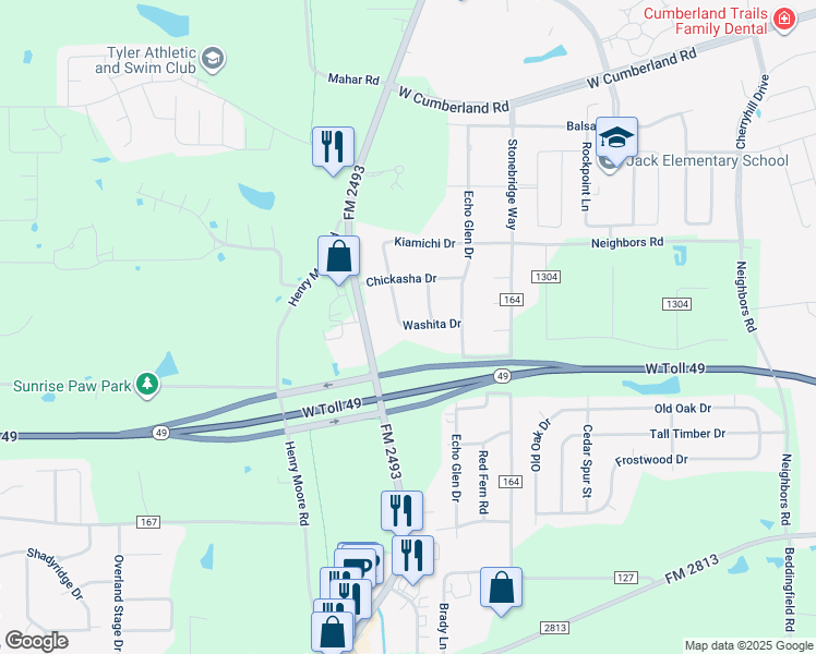 map of restaurants, bars, coffee shops, grocery stores, and more near 10747 Washita Drive in Tyler