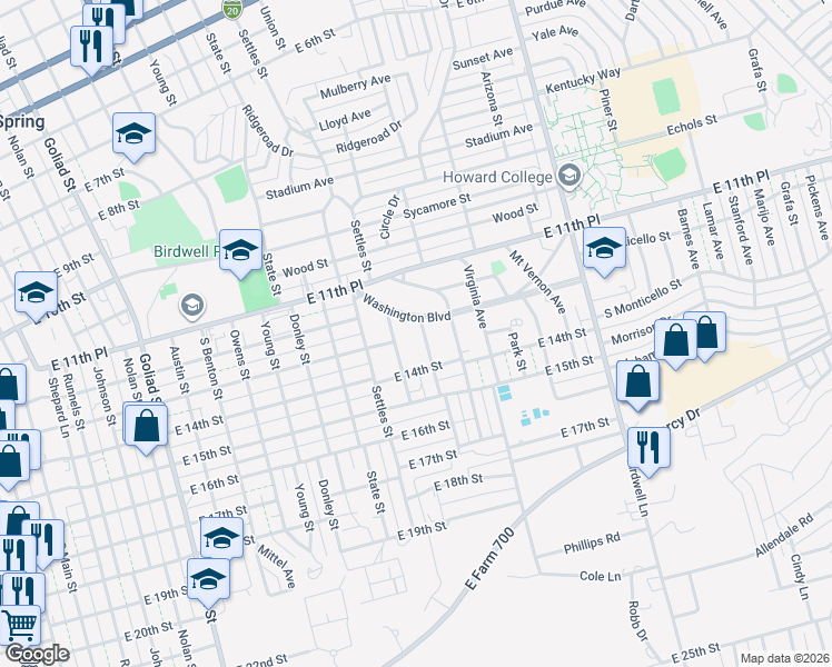 map of restaurants, bars, coffee shops, grocery stores, and more near 1300 Lexington Avenue in Big Spring