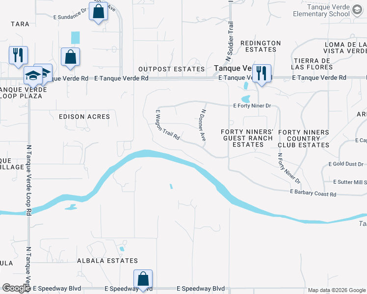 map of restaurants, bars, coffee shops, grocery stores, and more near 11872 East Wagon Trail Road in Tucson