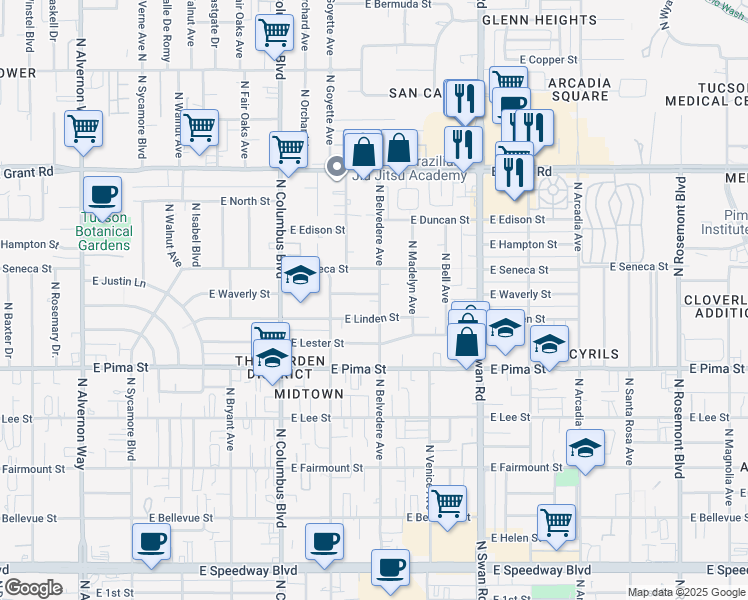 map of restaurants, bars, coffee shops, grocery stores, and more near 4513 East Linden Street in Tucson