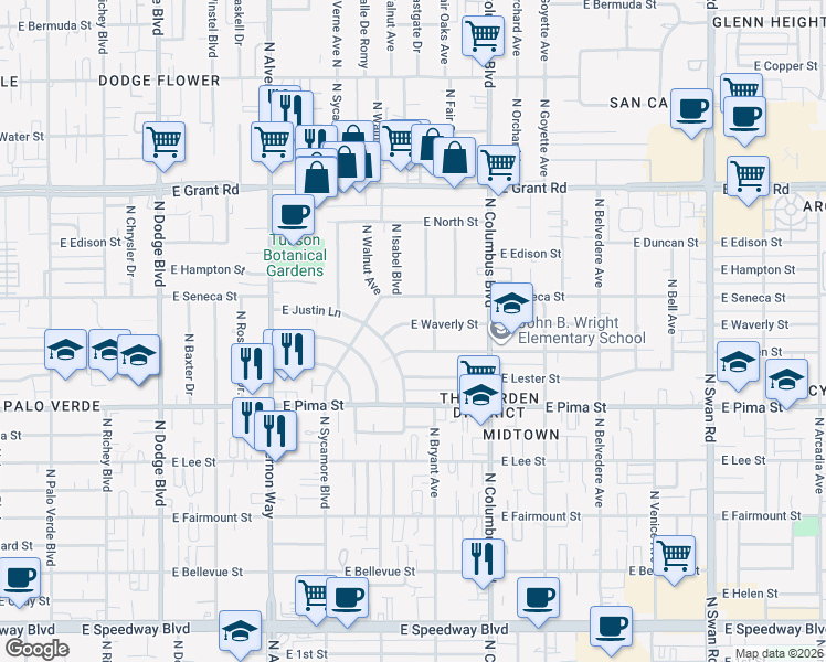 map of restaurants, bars, coffee shops, grocery stores, and more near 4127 East Linden Street in Tucson