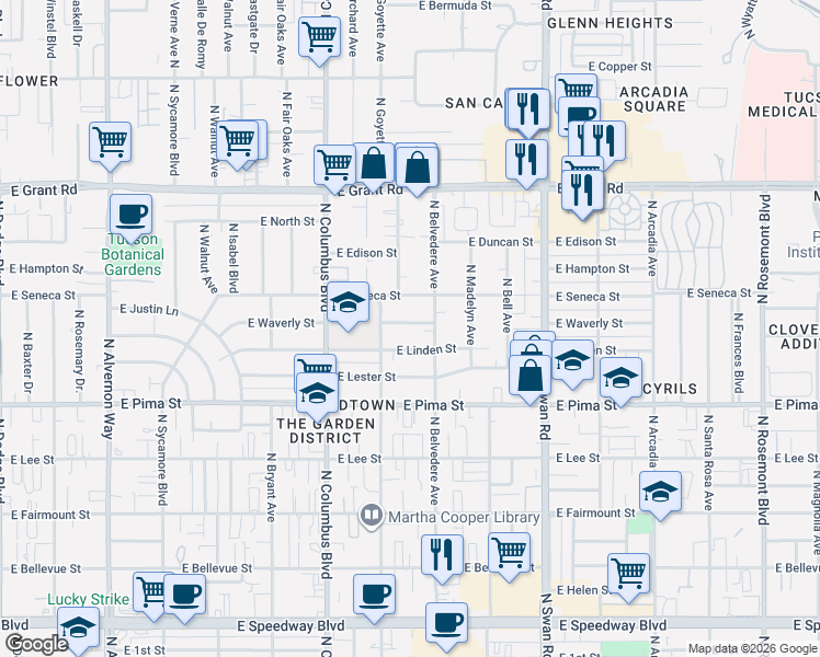 map of restaurants, bars, coffee shops, grocery stores, and more near 4442 East Waverly Street in Tucson