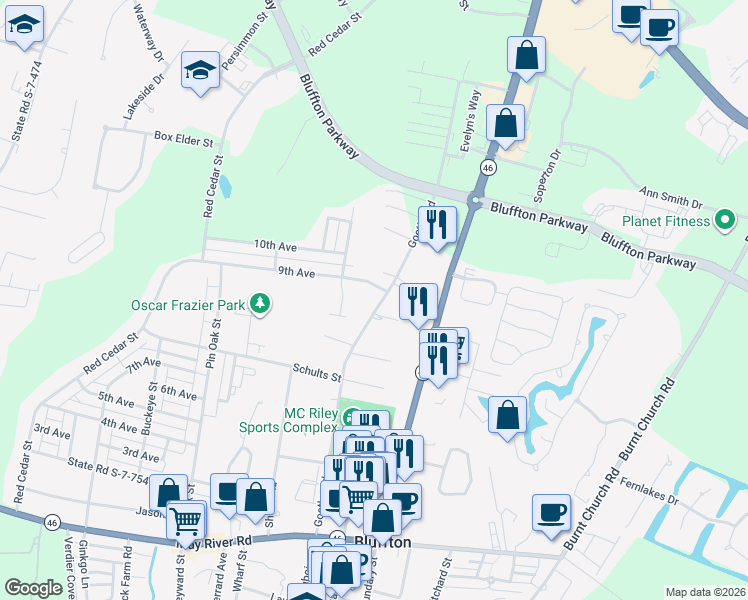 map of restaurants, bars, coffee shops, grocery stores, and more near 134 Goethe Road in Bluffton