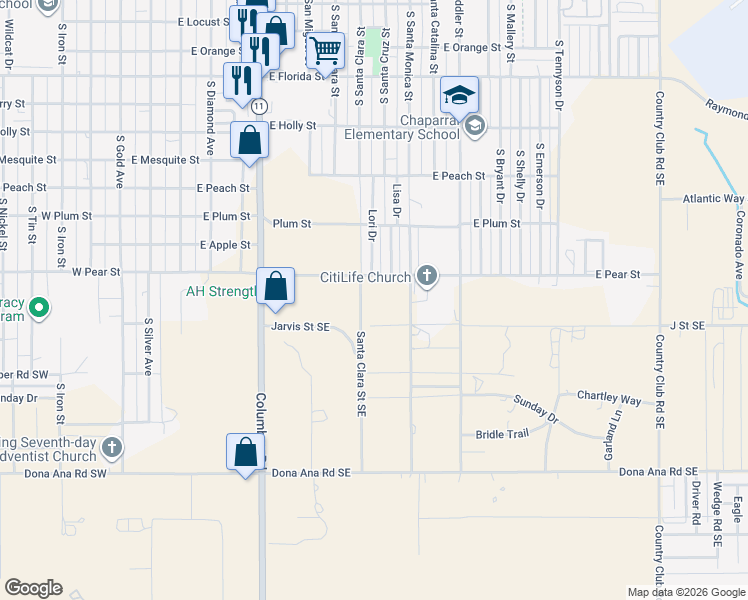 map of restaurants, bars, coffee shops, grocery stores, and more near 2305 Santa Clara Street Southeast in Deming