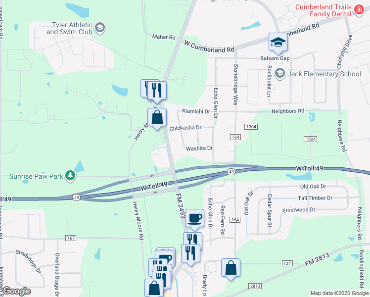 map of restaurants, bars, coffee shops, grocery stores, and more near 16138 Shoshone Drive in Tyler