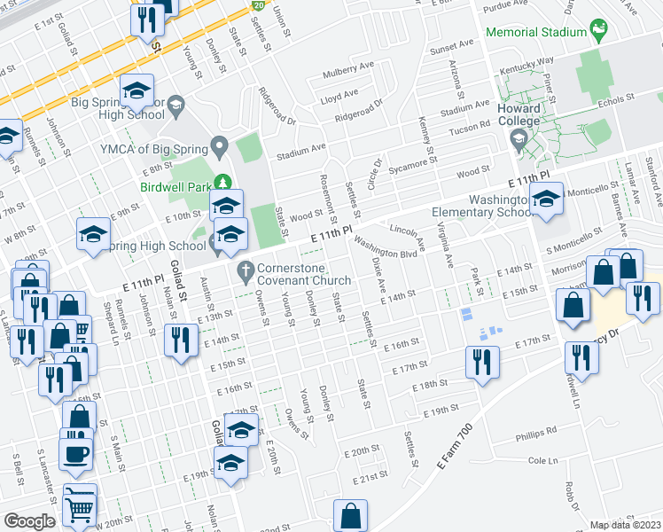 map of restaurants, bars, coffee shops, grocery stores, and more near 1100 East 12th Street in Big Spring