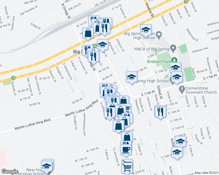 map of restaurants, bars, coffee shops, grocery stores, and more near 900 Scurry Street in Big Spring