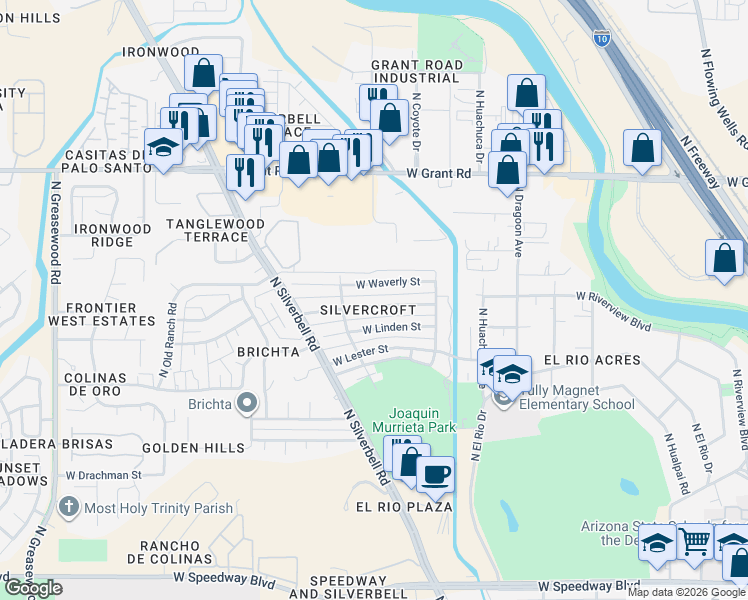 map of restaurants, bars, coffee shops, grocery stores, and more near 1925 West Riverview Street in Tucson