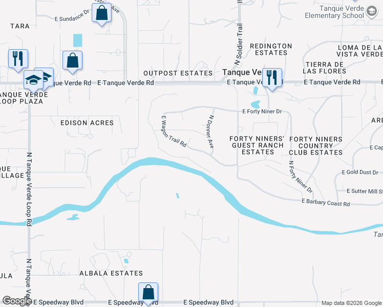 map of restaurants, bars, coffee shops, grocery stores, and more near 11872 East Wagon Trail Road in Tucson
