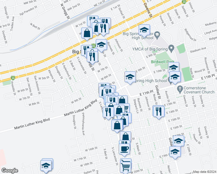 map of restaurants, bars, coffee shops, grocery stores, and more near 902 Scurry Street in Big Spring