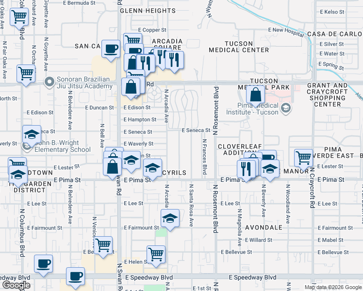 map of restaurants, bars, coffee shops, grocery stores, and more near 1919 North Nancy Rose Boulevard in Tucson