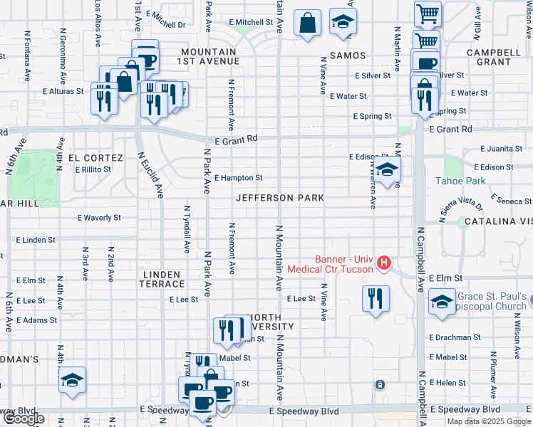 map of restaurants, bars, coffee shops, grocery stores, and more near 1220 East Waverly Street in Tucson