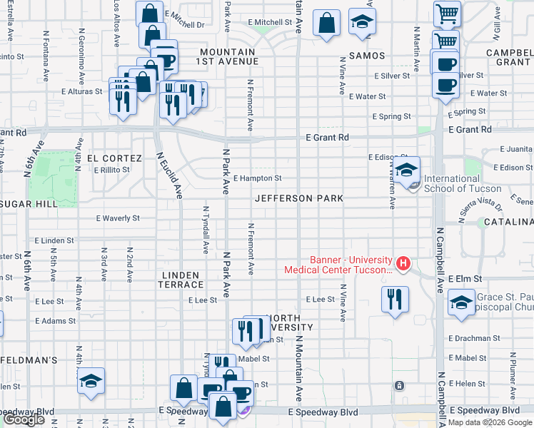 map of restaurants, bars, coffee shops, grocery stores, and more near 1104 East Waverly Street in Tucson