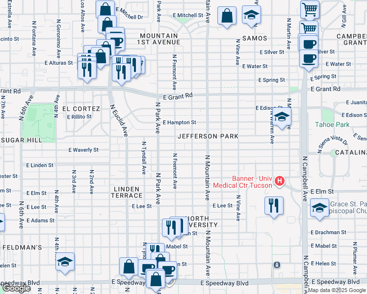 map of restaurants, bars, coffee shops, grocery stores, and more near 1104 East Waverly Street in Tucson