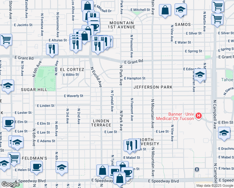 map of restaurants, bars, coffee shops, grocery stores, and more near 1980 North Tyndall Avenue in Tucson