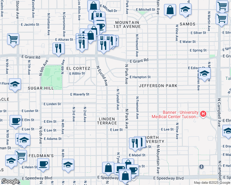 map of restaurants, bars, coffee shops, grocery stores, and more near 1980 North Tyndall Avenue in Tucson