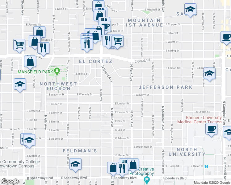map of restaurants, bars, coffee shops, grocery stores, and more near 802 East Waverly Street in Tucson