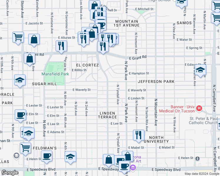 map of restaurants, bars, coffee shops, grocery stores, and more near 802 East Waverly Street in Tucson