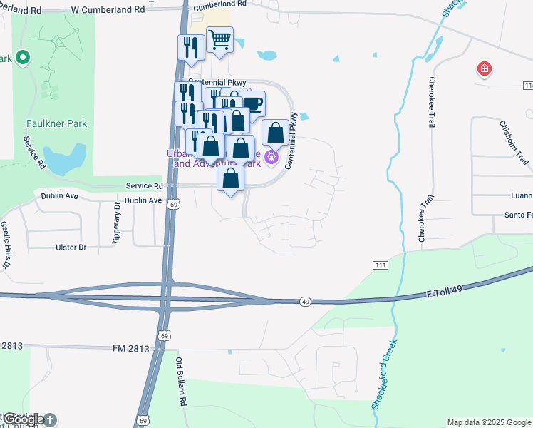 map of restaurants, bars, coffee shops, grocery stores, and more near 141 Market Square Boulevard in Tyler
